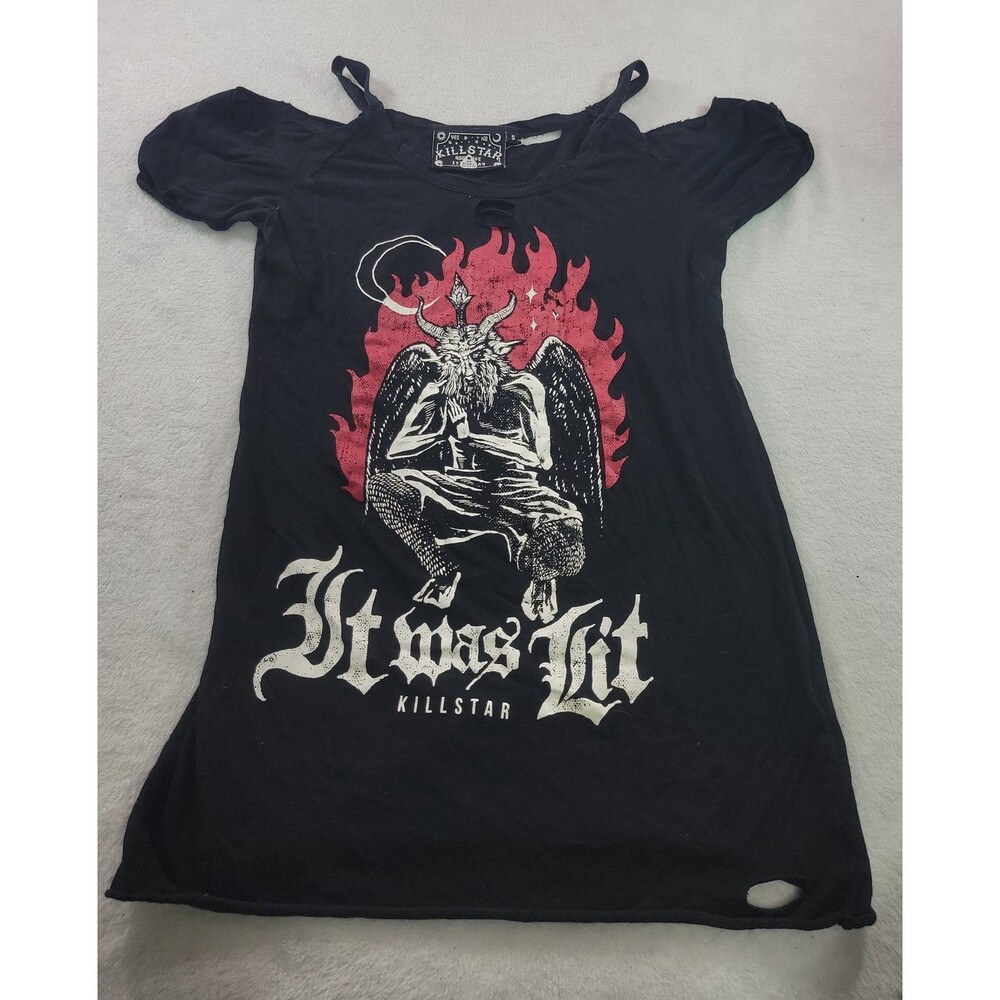 โKILLSTAR Baphomet Scoop Neck Distressed T-Shirt Black Sz Small Goth Alt Grunge